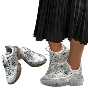 Lace Up Rhinestone Silver Chunky Platform Sneakers NWB!